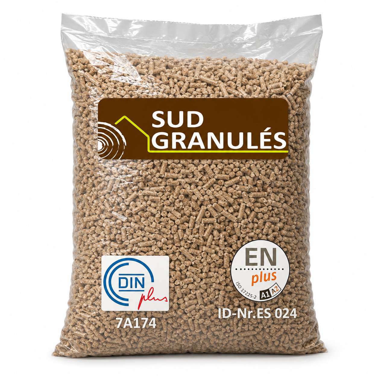 Pallet of DIN+ Sud' pellets. Granules in 15 kg bags for heating.