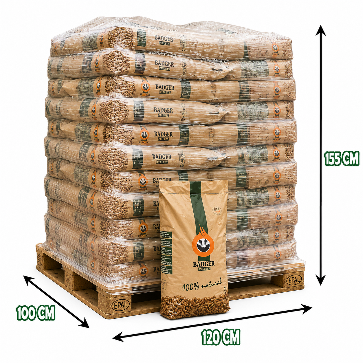 Pallet of Badger DINplus and ENplus A1 pellets in 15 kg bags for heating